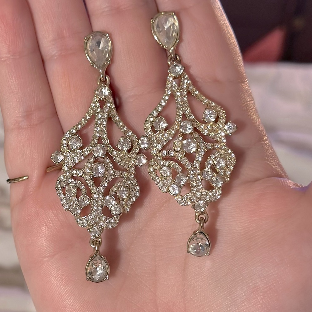 Stunning Pave Crystals Open Work Gold Tone Statement Earrings